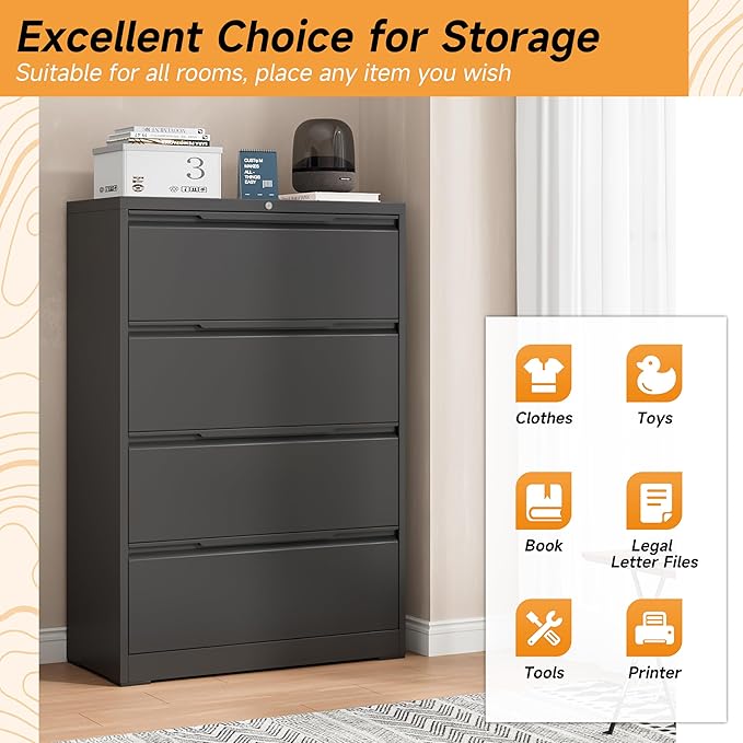 Bestoo 4-Drawer Lateral File Cabinet with Lock, Metal Filing Cabinet for Home Office, Lateral Filing Storage Cabinets, Fits File Folders, Letter/Legal/F4/A4 Sizes, Assembly Required (Black)