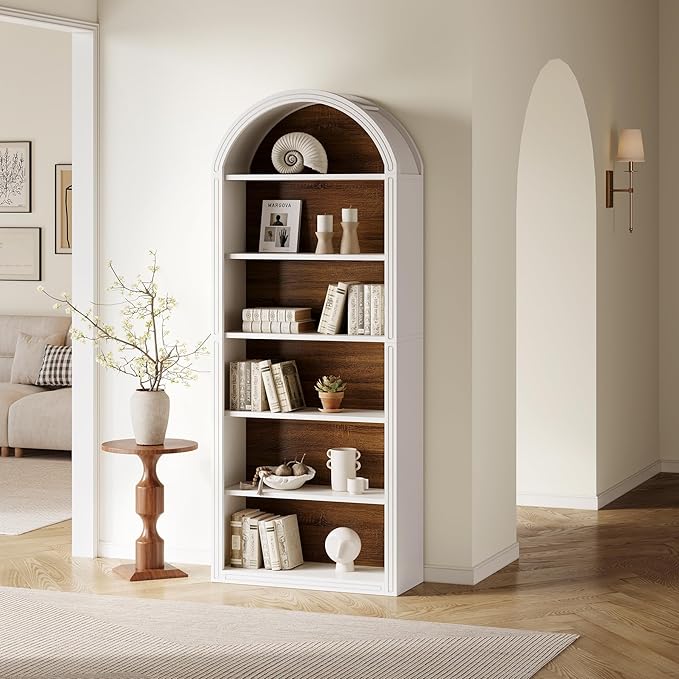LITTLE TREE 6-Tier Bookcase, 77" Tall Bookshelf with Arched Top, Large Freestanding Wooden Open Bookcase Bookshelf, Modern Display Book Shelf for Living Room, Bedroom, Office, Library, White Brown