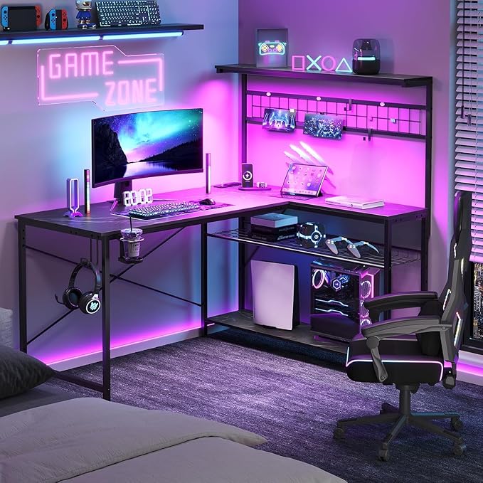 Bestier Gaming Desk 51" L-Shaped, with Power Outlets & LED Lights- 4 Tier Shelves, Reversible Gamer Table with Hooks & Cup Holder for Home Office Black Marble
