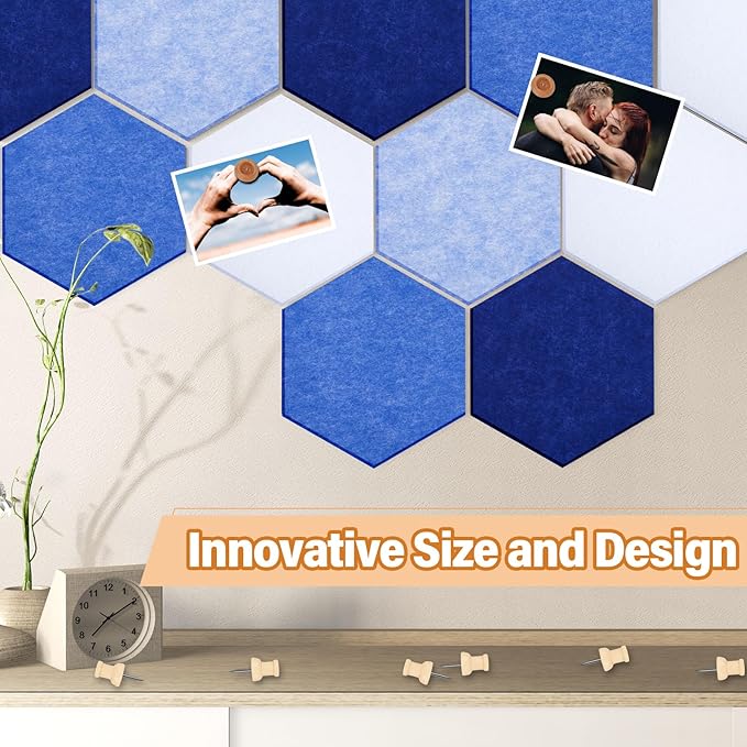 16 Pcs Hexagon Cork Board for Walls with 50 Wooden Push Pins 6.7 x 5.9 in Felt DIY Tiles Notice with Nano Tape Hanging Bulletin Board for Home Photo Office Memo Note (Blue)