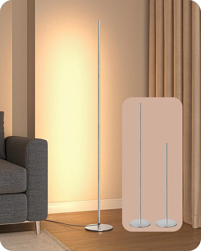 EDISHINE LED Corner Floor Lamp, Minimalist Dimmable Mood Light, Adjustable Height, 57.5" Tall Floor Lamp for Bedroom, Living Room, Home Office, 3000K Warm White Light, Silver
