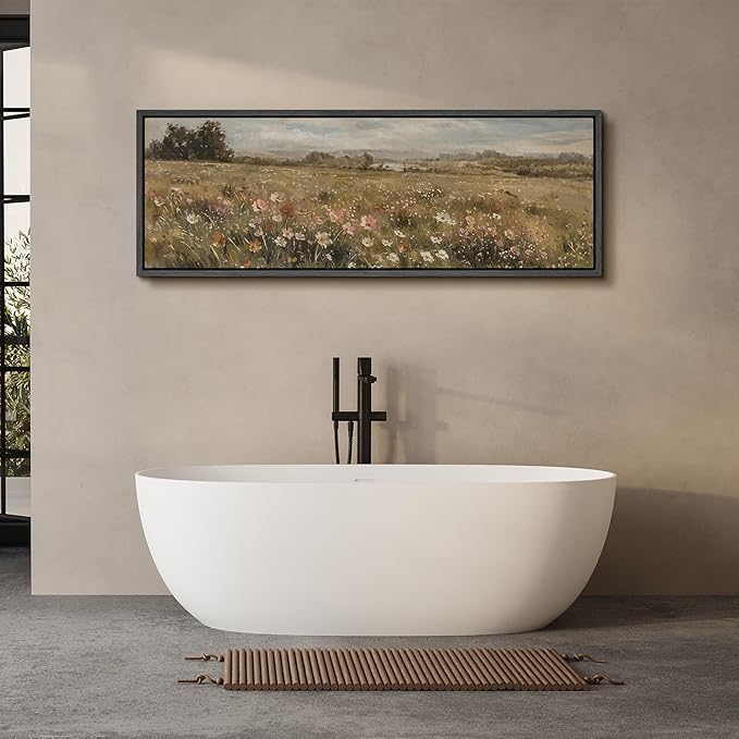 SIGNFORD Large Framed Canvas Pastoral Flower Field Landscape Classic Illustrations Modern Art Calm Warm for Living Room, Bedroom, Office - 60"x20"