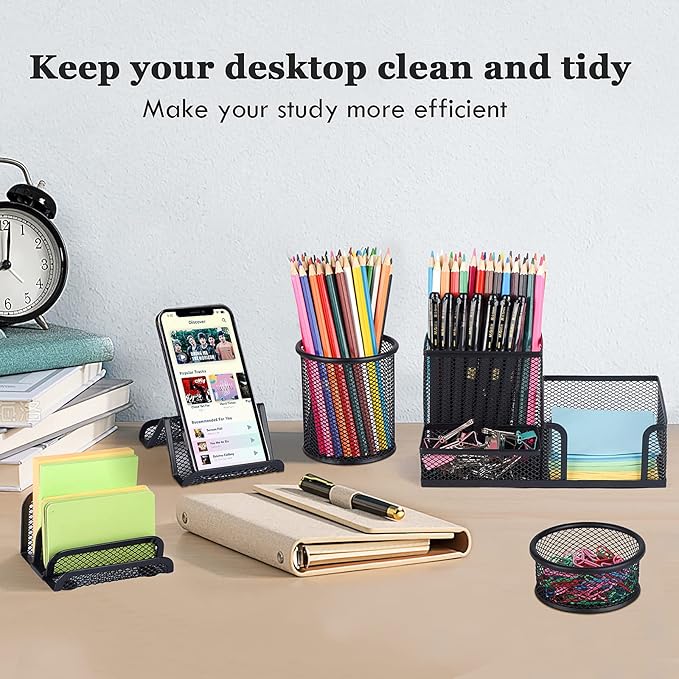 Desk Organizers set with Mesh Pen Holder Cup, 3 Compartments Black Office Supply Organizer Paper Clips Holder for Office Desk Accessories (6 Piece set, Black)