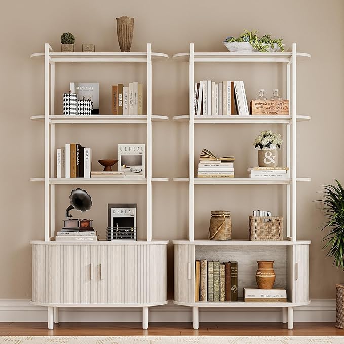 5 Tier Tall Bookshelf with Cabinet, Fluted Bookcase with Sliding Door, Metal and Wood Display Shelf, Free Standing Storage Shelving Unit, Corner Storage Organizer for Living Room, Home Office, White