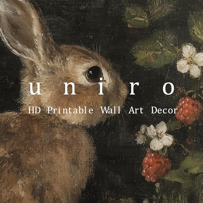 uniro Vintage Rabbit Wall Art, Farmhouse Canvas Wall Decor, Easter Bunny and flowers Painting, Antique Rabbit Painting Wall Art Decoration for Office Bedroom Room Living Decor(8" x 10"-UNFRAMED)