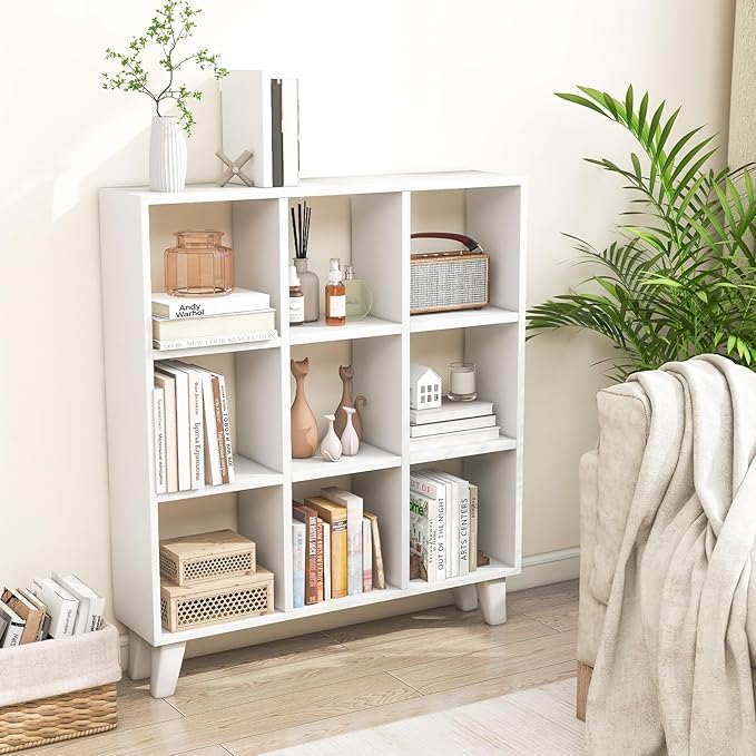 Tangkula 9-Cube Bookcase, Freestanding 3-Tier Bookshelf with 6 Removable Shelves, Open Back DIY Storage Organizer with Raised Support Feet for Living Room Study Office (1, White)