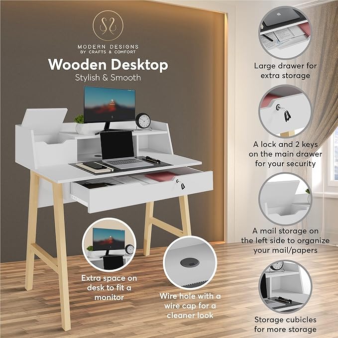 Modern Design Roma Small Desk for Bedroom, 40 inch White Writing Desk with Hutch and Locking Drawer, by Crafts and Comfort