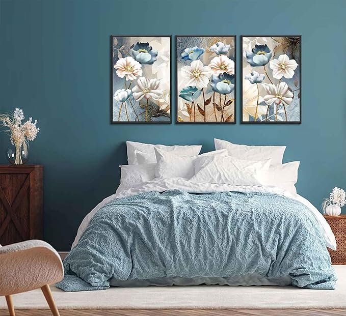 3 Pcs Modern Luxury Lotus Flower Canvas Wall Art White and Blue Floral Painting Pictures Wall Decor Posters Print Artwork for Living Room Bedroom Bathroom Office Home Decoration Unframed
