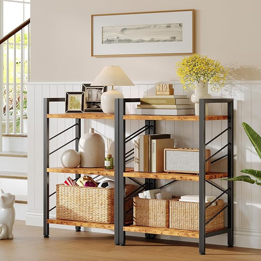 2 Pieces Book Shelf, 3 Tier Industrial Bookcase with Metal Frame and Sidebars, Small Bookshelf for Bedroom, Home Office and Living Room, Rustic Brown