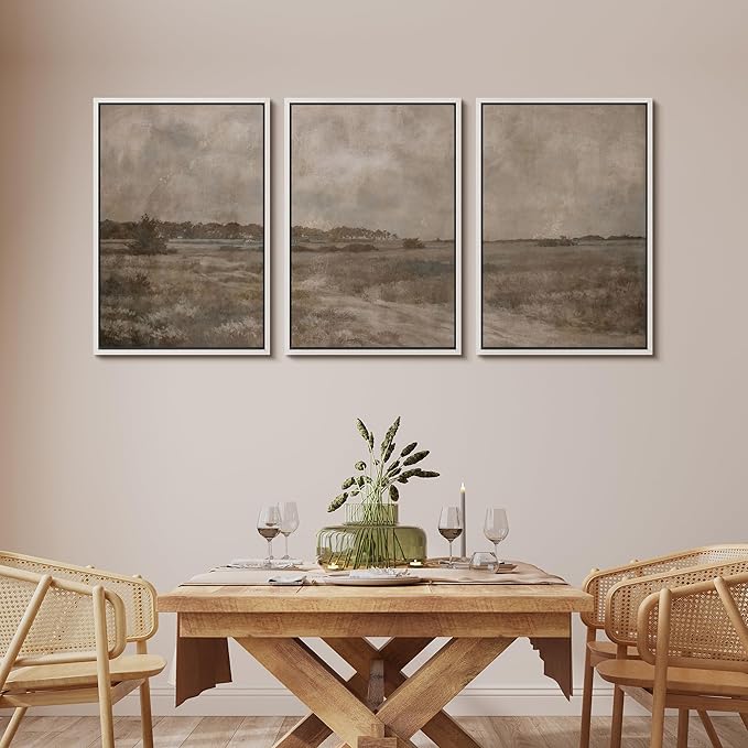 MUDECOR Framed Wall Art Print Set Vintage Neutral Countryside Landscape Rustic Field Path and Distant Trees Illustrations Modern Art Boho Decorative for Living Room, Bedroom, Office - 16"x24"x3 WHITE
