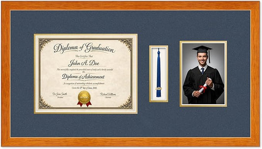 Diploma Tassel and Photo Frame Honey Oak Shadowbox Navy Blue Over Gold Mat - Fits 11 x 8.5 Degree Picture Made in the USA