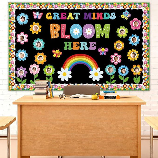 53Pcs Spring Bulletin Board Decorations Set, Great Minds Bloom Here Classroom Bulletin Board Decor, Spring Flower Bulletin Board Borders Decor for Classroom Elementary Back to School Office Wall Door