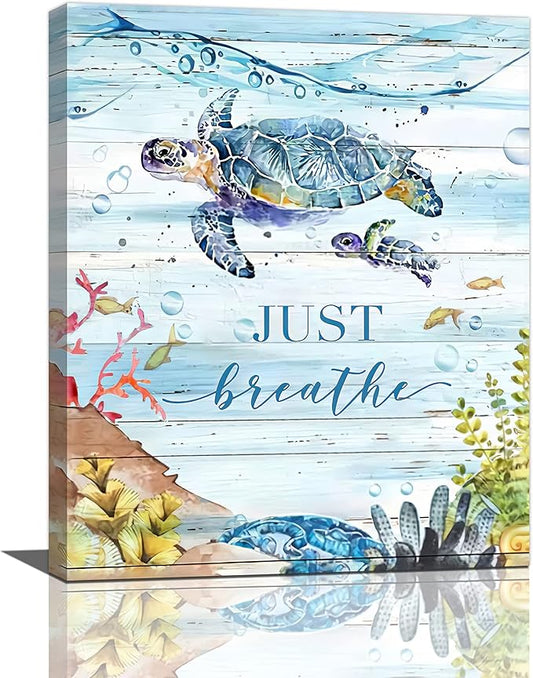 yerretin Nautical Sea Turtle Wall Art Ocean Just Breathe Pictures Wall Decor Beach Canvas Painting Modern Artwork Home Decoration for Bathroom Living Room Bedroom Office Framed 16"x20"
