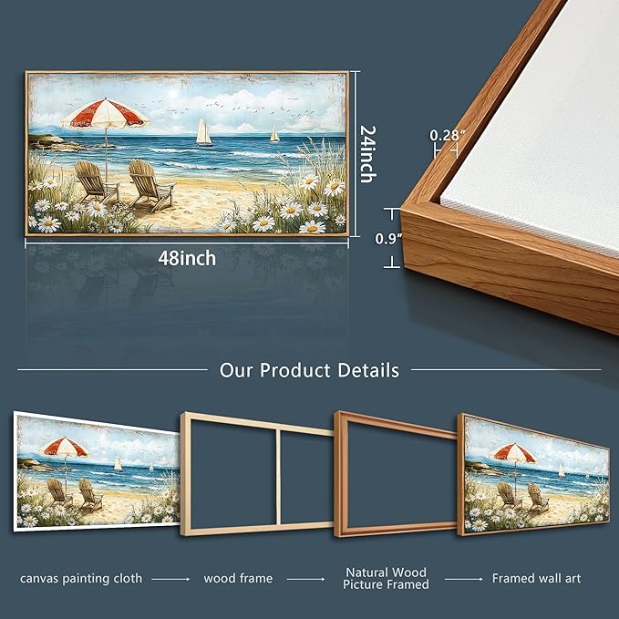 ERQINHUA Large Wall Decor Canvas Painting Wall Art For Living Room Decoration Blue Seaside Landscape Painting Bedroom Print Artwork Picture For Dining Room Bathroom Home Decor Wood Frame 24x48 In