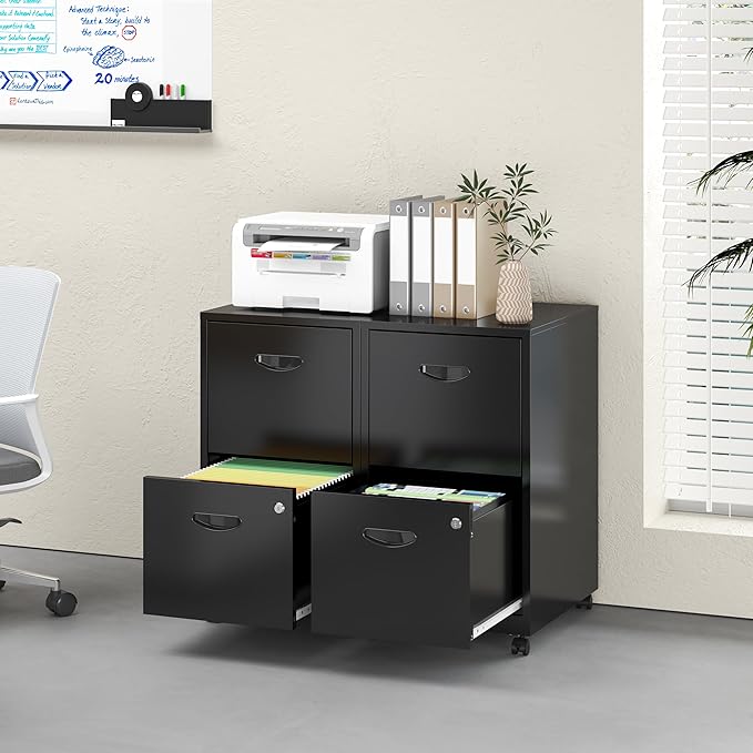 2 Drawer File Cabinet with Lock, Filing Cabinets with Wheels, Rolling File Cabinets for Home Office, Metal Office File Cabinet, for Holding Letters and File Boxes, Assembly Required, Black