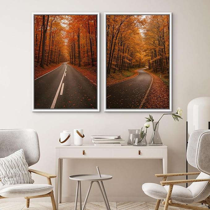 SIGNWIN Framed Canvas Print Wall Art Set Autumn Forest Road Nature Landscape Illustrations Modern Art Minimal Boho Relax/Calm for Living Room, Bedroom, Office - 16"x24"x2 White