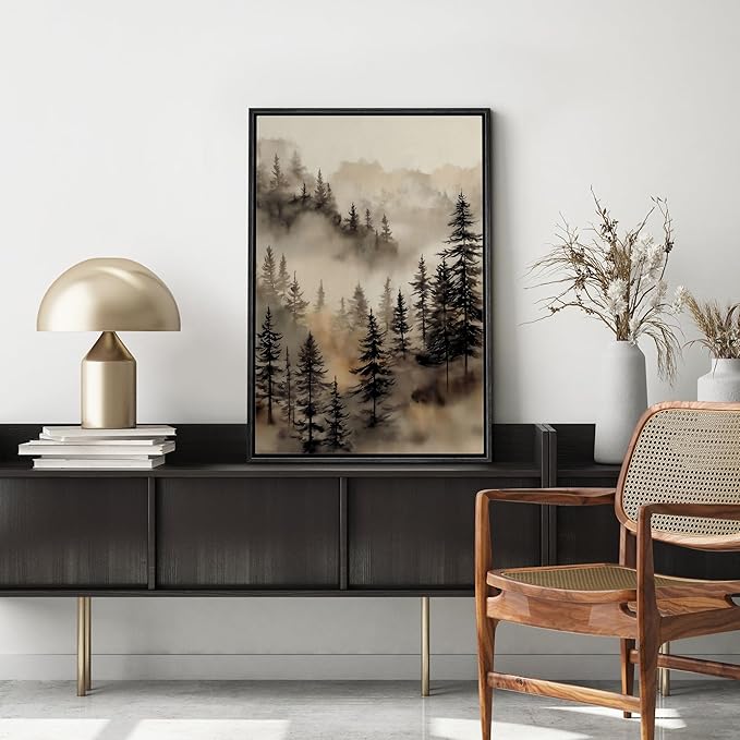MUDECOR Framed Canvas Print Wall Art Misty Forest Landscape Watercolor Illustrations Minimalism Decorative Relax Colorful for Living Room, Bedroom, Office - 16"x24" Black