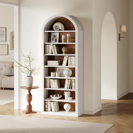 LITTLE TREE 8-Tier Bookcase, 78.7" Tall Bookshelf with Arched Top, Large Freestanding Wooden Open Bookcase Bookshelf, Modern Book Shelf Organizer for Living Room, Bedroom, Office, Library, White Brown