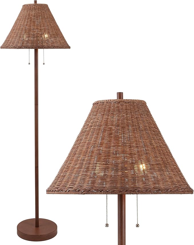 JONATHAN Y 61" Dark Brown Wood Finish 2-Light Coastal Bohemian LED Floor Lamp for Living Room, Brown Rattan Shade, Mid-Century Modern Tall Standing Lamp, Pull-Chain, LED Bulbs Included (JYL3092C)
