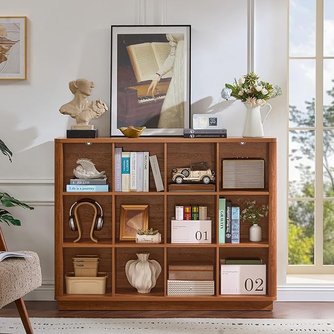 12 Cube Storage Organizer, 41" Wide Large Bookshelf with Curved Edge, Wood Floor Standing 3-Tier Cubby Bookcase w/Base, Rustic Display Storage Cabinet, Book Case for Home Office, Brown