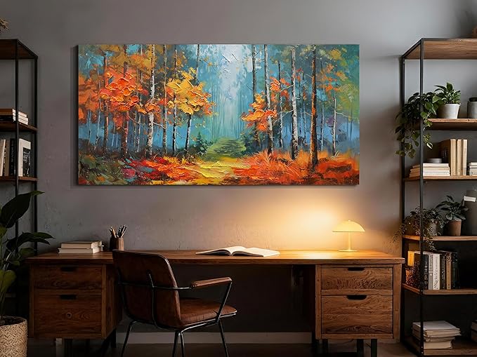 Arjun Nature Wall Art for Living Room, Landcape Canvas Forest Painting for Bedroom, Framed Textured Reddish Artwork Extra Large Picture Dining Room Kitchen Home Office Wall Decor 58"x29"