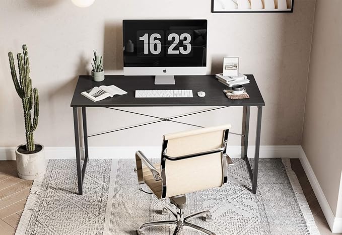 CubiCubi Computer Desk 47" Study Writing Table for Home Office, Modern Simple Style PC Desk, Black Metal Frame, Dark Black