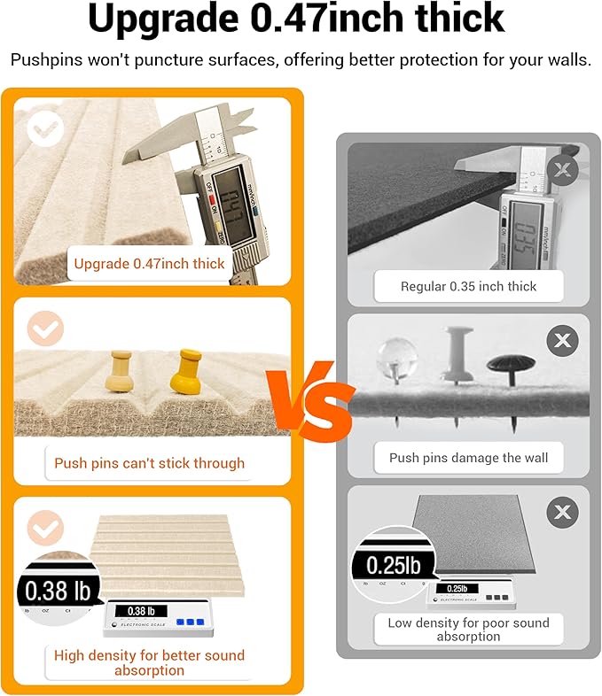1/2" Thick Cork Board for Office, 6 Pack Felt Wall Tiles -28"x18" with Safe Adhesive Tabs, Large Bulletin Board, Push Pin Board Organizer Wall - Beige