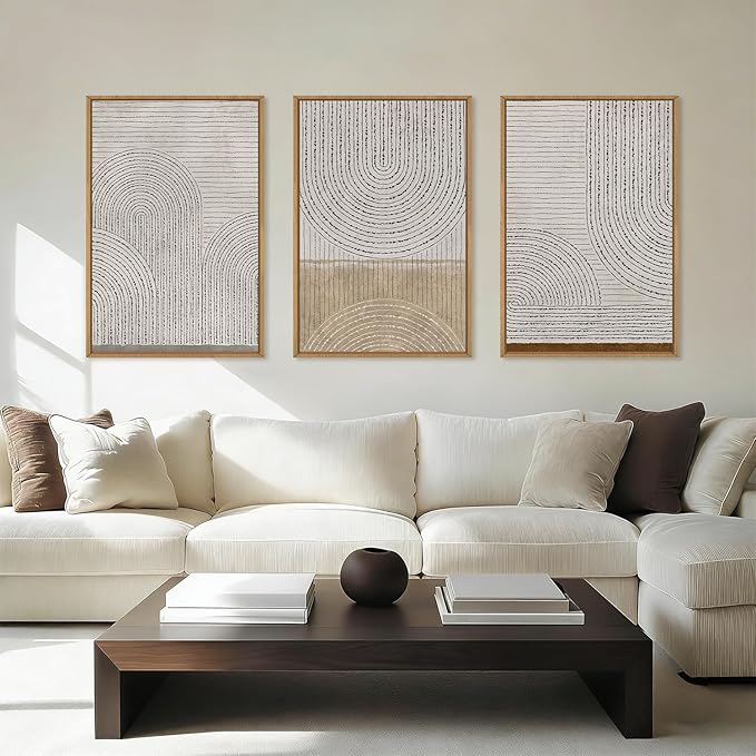 Aryroi Large Neutral Spiral Circles Framed Canvas Wall Art,Boho Beige Geometric Wall Decor,Modern Abstract Arch Artwork,Mid Century Minimalist Art Print for Living Room,Bedroom,Office- 16"x24"x3