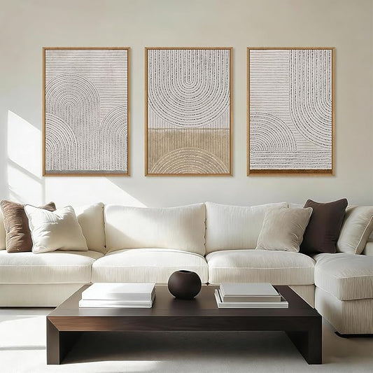 Large Neutral Spiral Circles Framed Canvas Wall Art,Boho Beige Geometric Wall Decor,Modern Abstract Arch Artwork,Mid Century Minimalist Art Print for Living Room,Bedroom,Office- 24"x36"x3