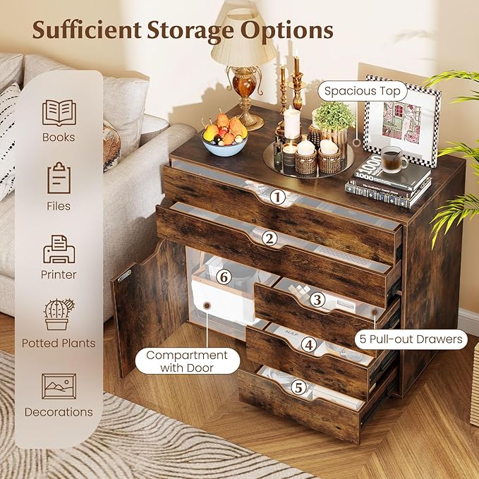 File Cabinet, 5 Drawer Filing Cabinet with Door, Mobile Storage Organizer, Wooden Printer Stand on Wheels for Study Home Office Living Room (Rustic Brown)