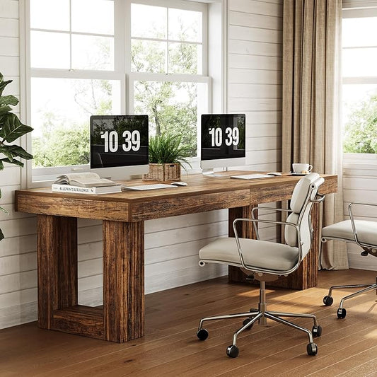 LITTLE TREE 86.6 Inches Extra Long Computer Desk, Industrial Two Person Desk, Wooden Double Desk, Simple Study Writing Table for 2 People, Large Business Workstation for Home Office, Rustic Brown