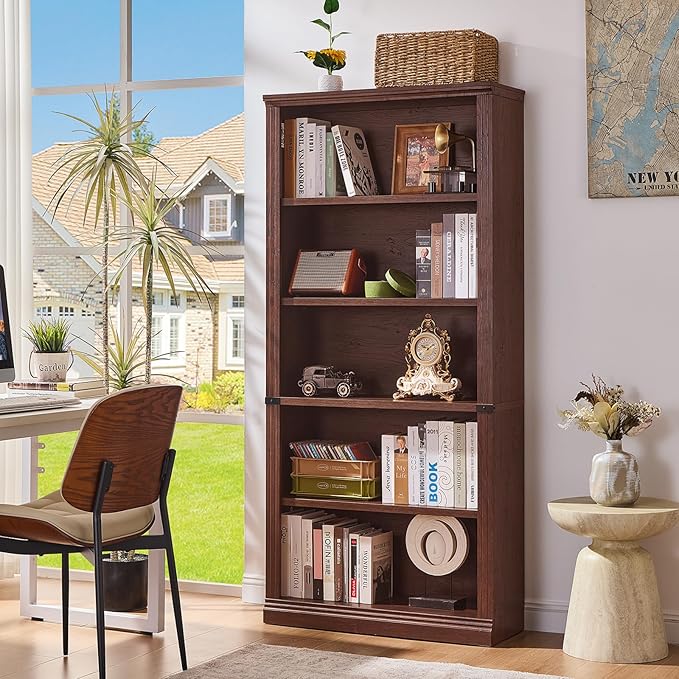 70" Walnut Tall Bookshelf Set of 4,5-Tier Thick Wooden Book Shelf with Adjustable Shelves,Free Standing Farmhouse Bookcase with Open Display Storage,Floor Vintage Bookshelves for Living Room