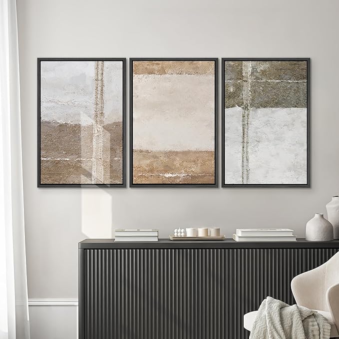 SIGNWIN Framed Canvas Print Wall Art Set Grunge Gray Brown Pastel Landscape Abstract Shapes Illustrations Modern Art Geometric Zen Mid-Century for Living Room, Bedroom, Office - 24"x36"x3 Black