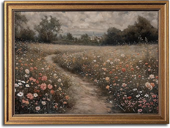 Gold Framed Wall Art Vintage Canvas Wall Art Flowers Path Wildflower Floral Artwork Prints Picture for Living Room Bedroom Farmhouse Bathroom Office Decor, 16x24