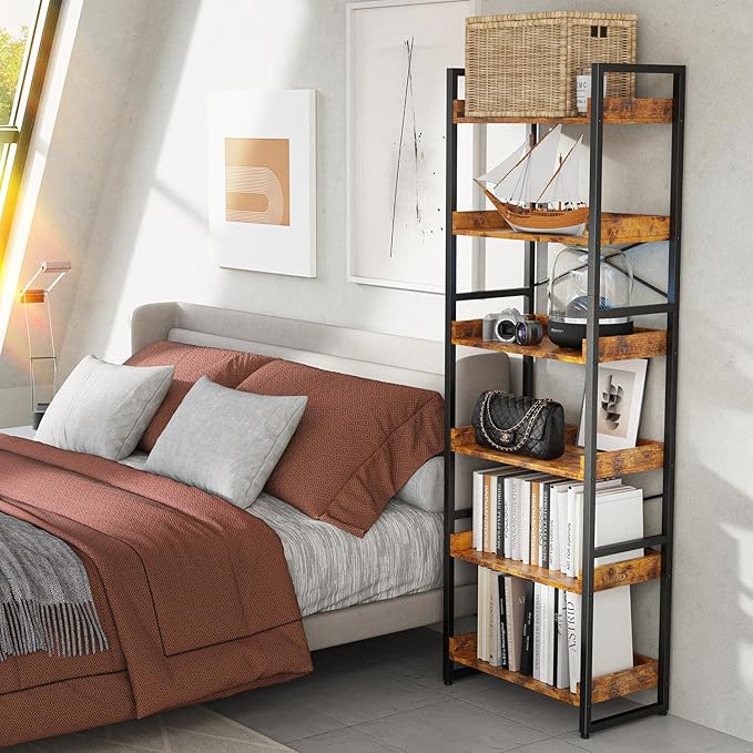 Luckyeestar 6-Tier Bookshelf, Industrial Bookcase, Office Shelf Storage Organizer, Free Standing Storage Shelving, Vintage Storage Rack, Metal Frame Display Rack for Living Room