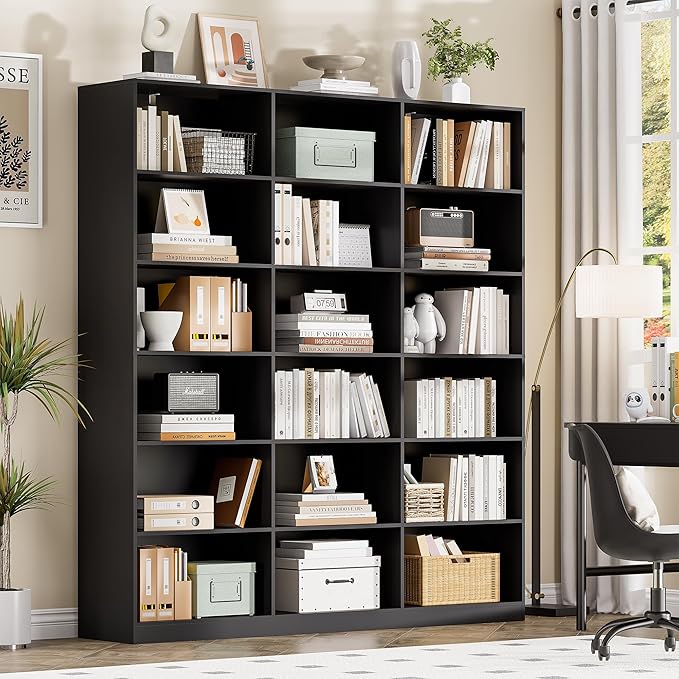 71.6” Tall Bookshelf, Black Bookcase with 18 Shelves, Triple Row Freestanding Display Storage Shelvesm, 6 Tier Wide Book Case for Bedroom Living Room Home Office
