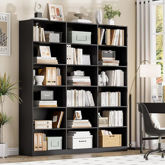 71.6” Tall Bookshelf, Black Bookcase with 18 Shelves, Triple Row Freestanding Display Storage Shelvesm, 6 Tier Wide Book Case for Bedroom Living Room Home Office