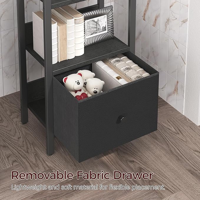 Bookshelf, 5-Tier Bookcase with Drawer, Small Book Shelf for Small Space, Storage Shelf Organizer, for Living Room, Bedroom, Study, Kitchen, Black BKHB55101