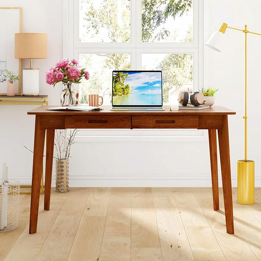 Home Office Computer Desk Coner Desk with 2 Drawers, Study Writing Table for Home Office, Study, Honey Wood (47.2 ”W x 23.6”D x 29.5”H)