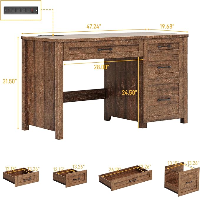 Farmhouse 47" Executive Desk, Computer Desk with File Drawer and Charging Station, Workstation for Home Office, Study.Red-Brown