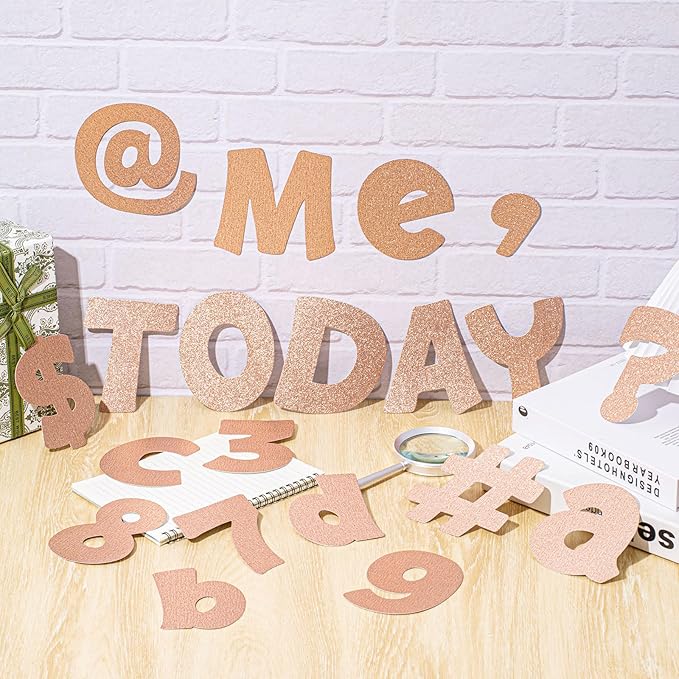 Colarr 216 Pcs Glitter Bulletin Board Letters for Classroom Number Alphabet Punctuation Symbol Cutout 4'' Die-Cut Poster Letter with Adhesive Dot School Party Holiday Decor Display(Champagne)