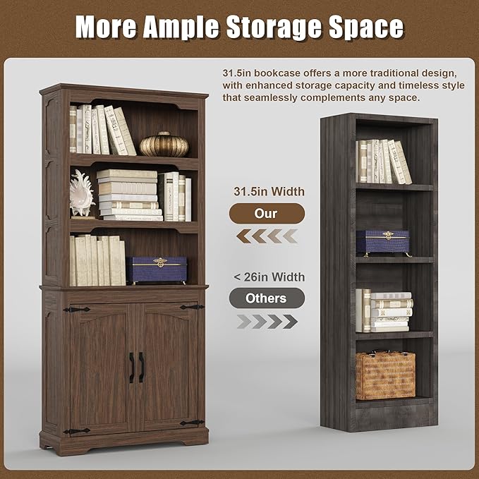 Tall Bookcase, 70 inch Height, 5-Tier Open Storage Shelf, 31.5 in Wide Standing Bookshelves for Home, Office, Bedroom, School, Library, 31.5W * 11.81D *70H (Walnut, Wooden Door)