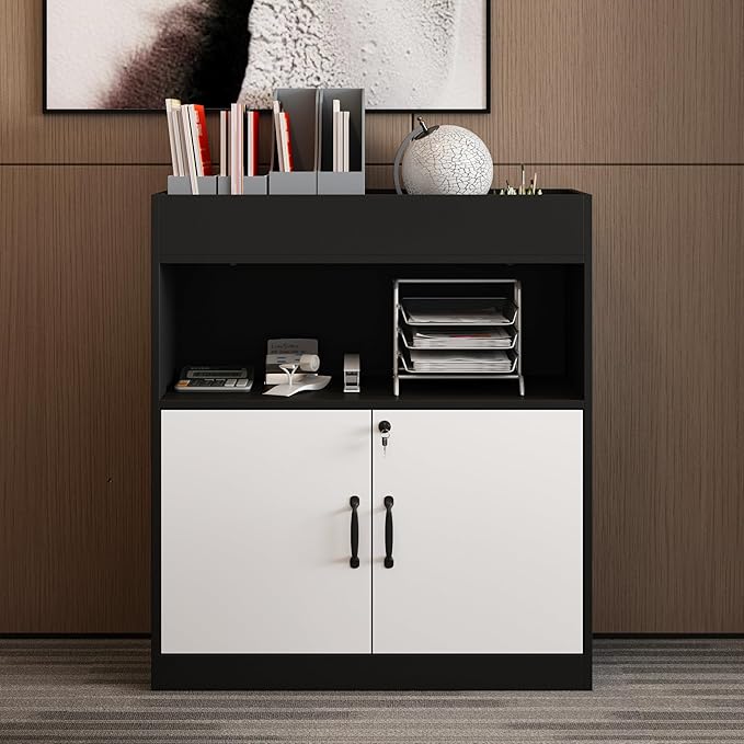 WOODTIME 31.5" W Lateral File Cabinet with Lock, Adjustable Shelves, Top Compartment, Open Shelf & 2 Drawers, Wooden Filing Organization Storage Cabinet for Office Garage, White & Black