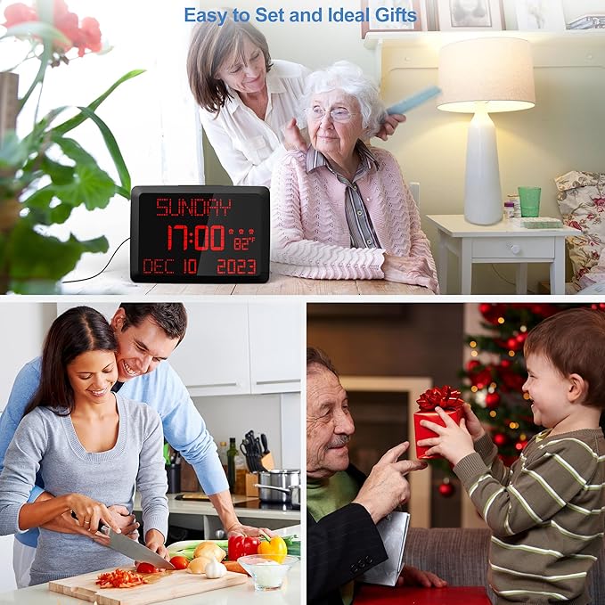 Raynic Digital Clock, 11.5" Large Display Digital Calendar Clock with Day and Date, Indoor Temperature, Adjustable Brightness, Snooze,12/24H, DST for Home, Office, Elderly