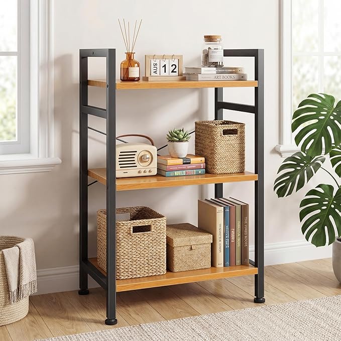 DUMOS 3 Tiers Bookshelf, Classical Book Shelf, Tall Display Shelves in Living Room/Home/Office, Storage Organizer for CDs/Books/Movies, Wood