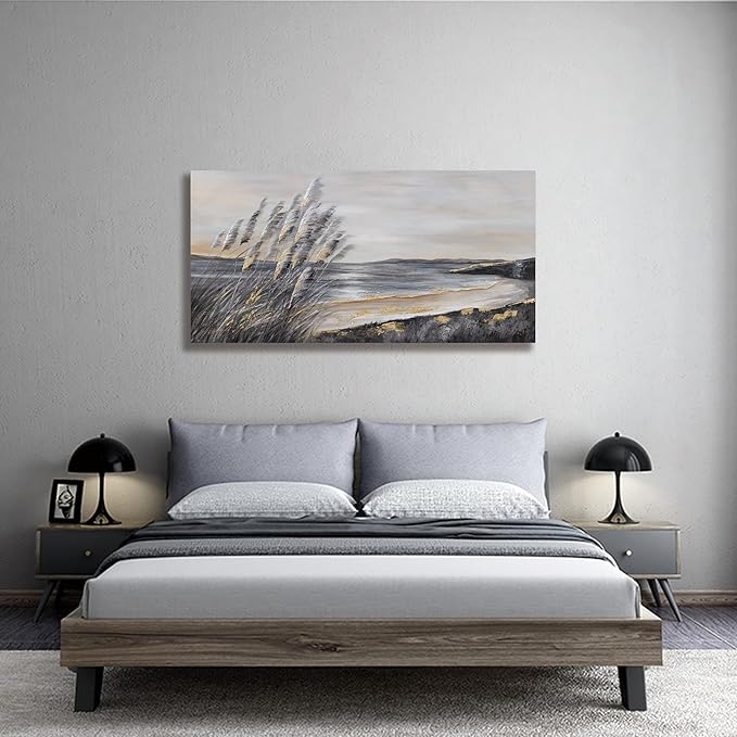 Yuaxker Ocean Wall Art Grey and Gold Ocean Art Wall Decor Canvas Painting Modern Minimalist Canvas Painting for Living Room, Bedroom, Dining Room Office Home Decor Artwork 24x48 inch