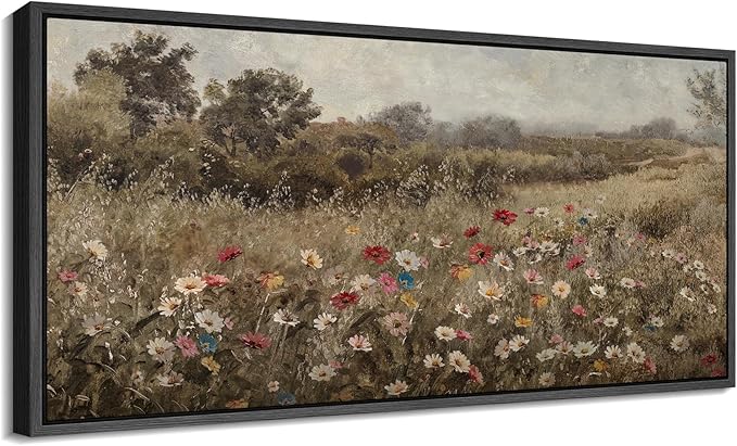 SIGNFORD Extra Large Framed Canvas Wildflower Meadow in Soft Fog Vintage Nature Illustrations Modern Art Calm Warm for Living Room, Bedroom, Office - 60"x30"