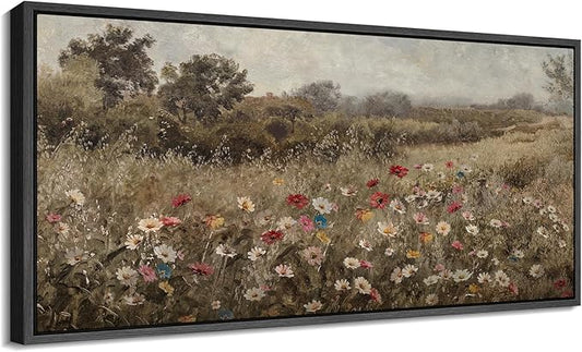 SIGNFORD Extra Large Framed Canvas Wildflower Meadow in Soft Fog Vintage Nature Illustrations Modern Art Calm Warm for Living Room, Bedroom, Office - 60"x30"