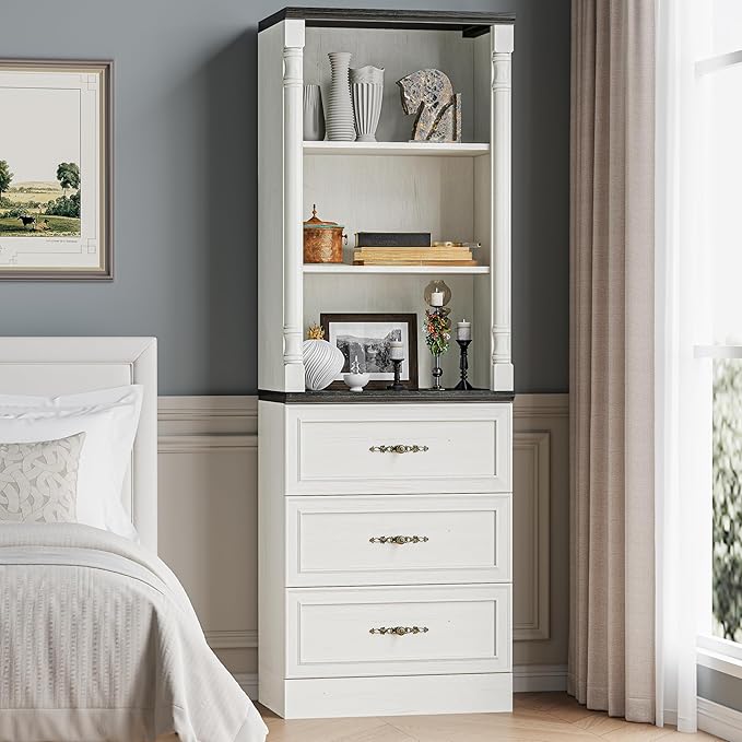 Bookshelf with Drawers, 71" Tall Wood Bookcase with Adjustable Shelf, 24" Wide Book Shelf, Floor Standing Display Storage Cabinet for Home Office, Study and Living Room, Antique White