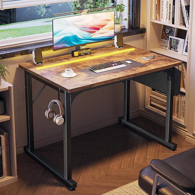 32 Inch Computer Desk with LED Lights for Small Spaces, Office Desk for Home Office, Study Desk Writing Table with Storage Bag, Headphone Hook, Rustic Brown